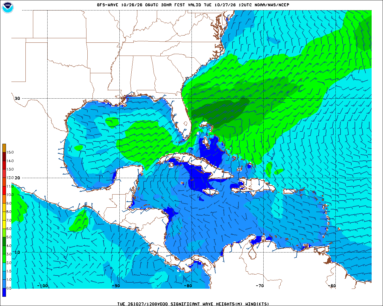 Today's Wave height and wind